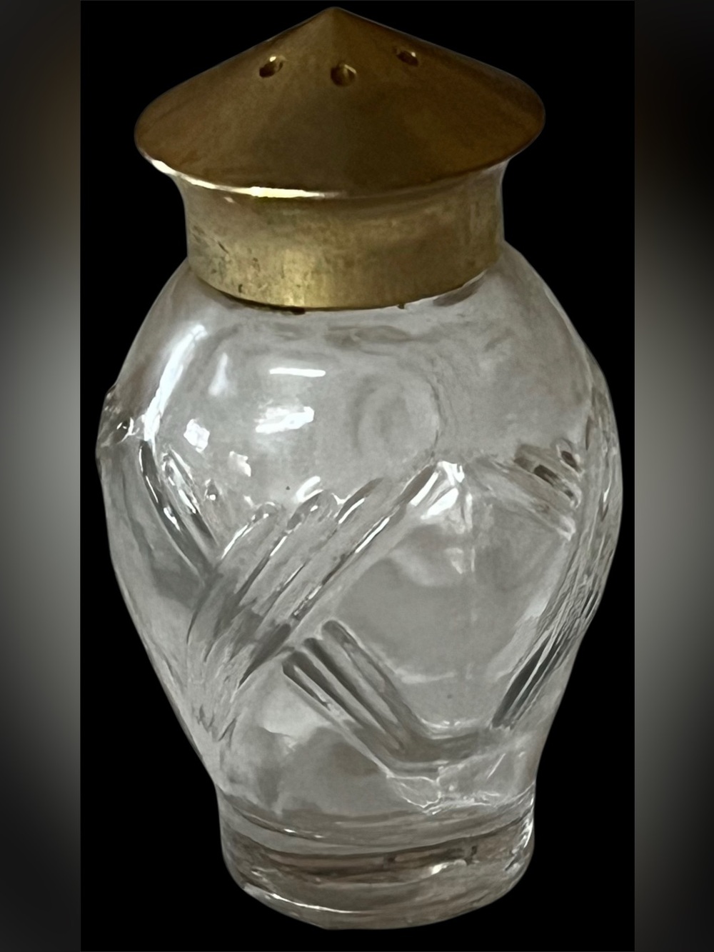Vintage Salt Shaker with Gold-Tone Lid  ht 3”